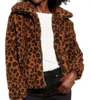 BB Dakota Leopard Print Coat Large Womens Full Zip Brown Black Long Sleeve